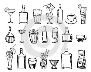 Vector outline hand drawn sketch illustration with set of cocktails, coffee drinks and alcohol bottles